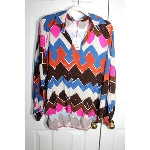 Yolly Italy Chevron Striped Popover Blouse w/ Puff Sleeves One Size NEW
